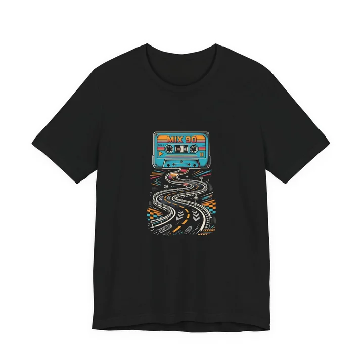 Cassette Road Tee mockup: the print on a black Bella+Canvas 3001 tee
