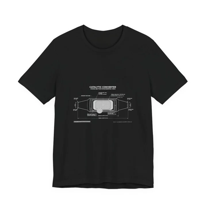 Catalytic Converter Cross-Section Tee mockup: the print on a black Bella+Canvas 3001 tee