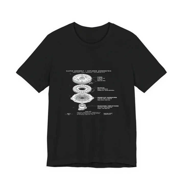 Clutch Assembly Exploded View Tee mockup: the print on a black Bella+Canvas 3001 tee
