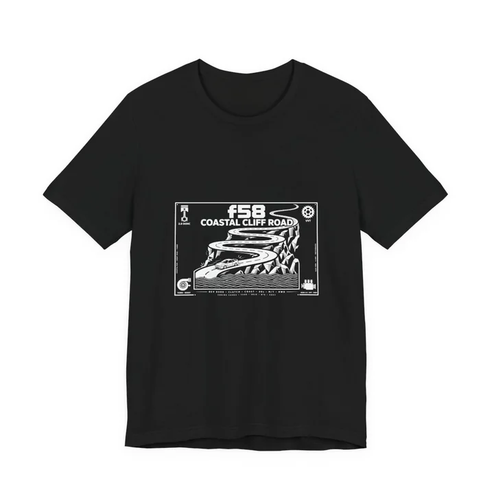 Coastal Cliff Road Tee mockup: the print on a black Bella+Canvas 3001 tee