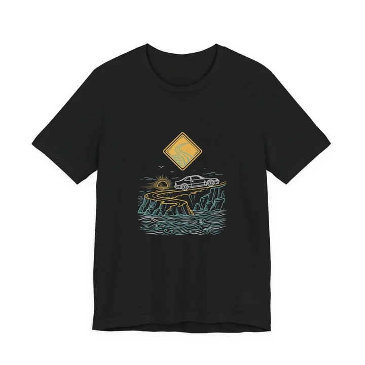 Coastal Highway Tee mockup: the print on a black Bella+Canvas 3001 tee