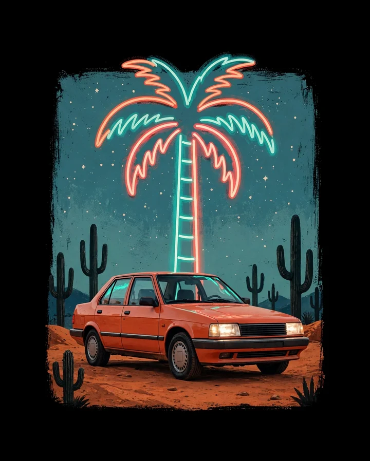 Desert Motel Neon Tee design: the print on a black Gildan G500 tee