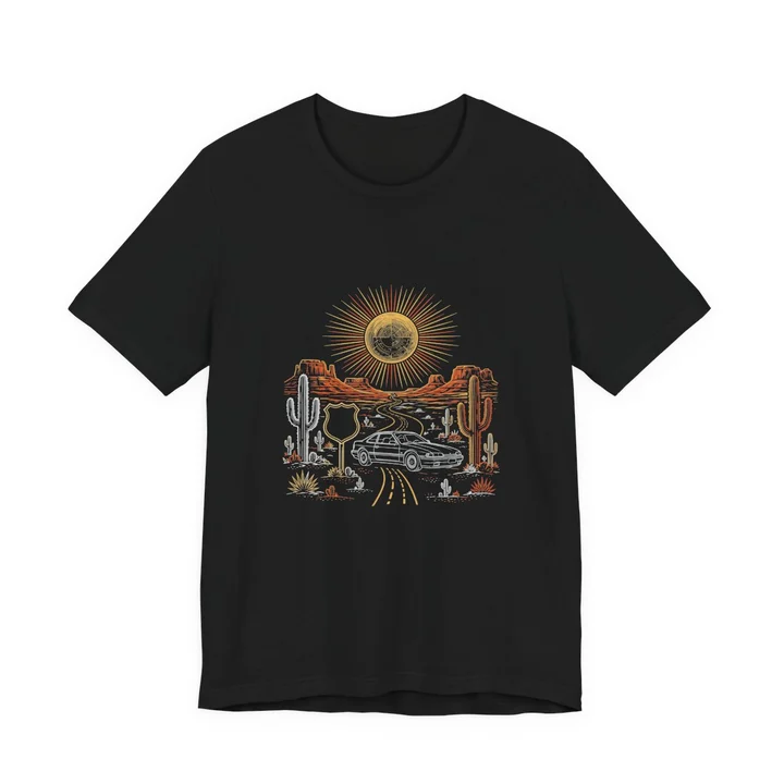 Desert Route Marker Tee mockup: the print on a black Bella+Canvas 3001 tee