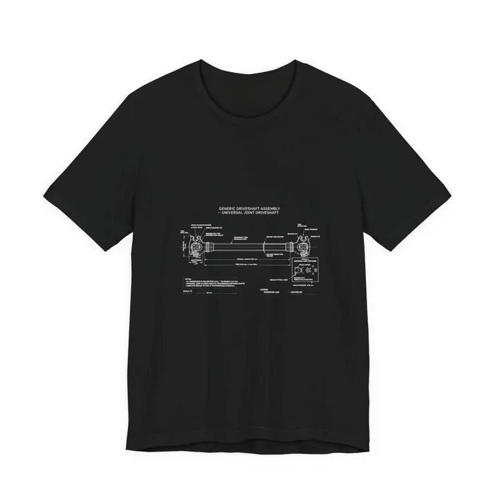 Driveshaft Universal Joint Diagram Tee mockup: the print on a black Bella+Canvas 3001 tee