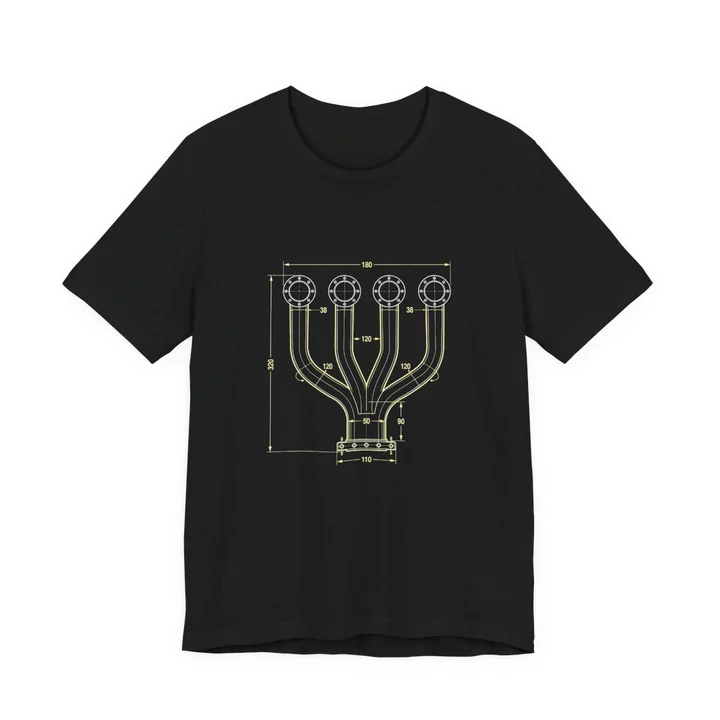 Exhaust Header Blueprint Tee mockup: the print on a black Bella+Canvas 3001 tee