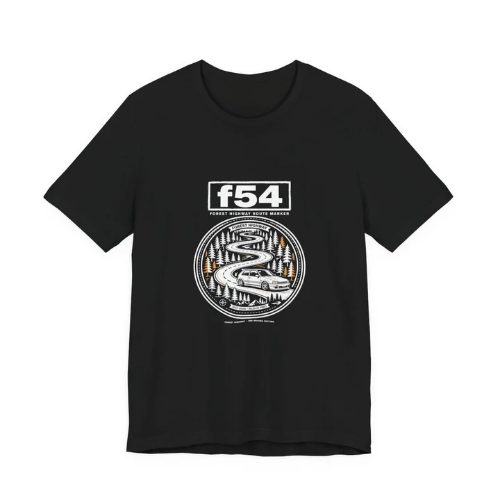 Forest Highway Route Marker Tee mockup: the print on a black Bella+Canvas 3001 tee