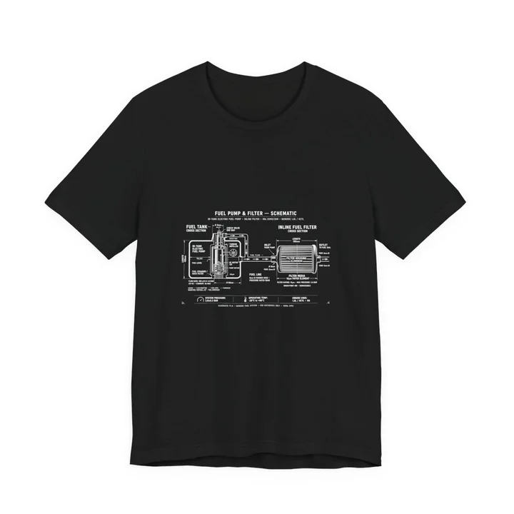Fuel Pump and Filter Schematic Tee mockup: the print on a black Bella+Canvas 3001 tee