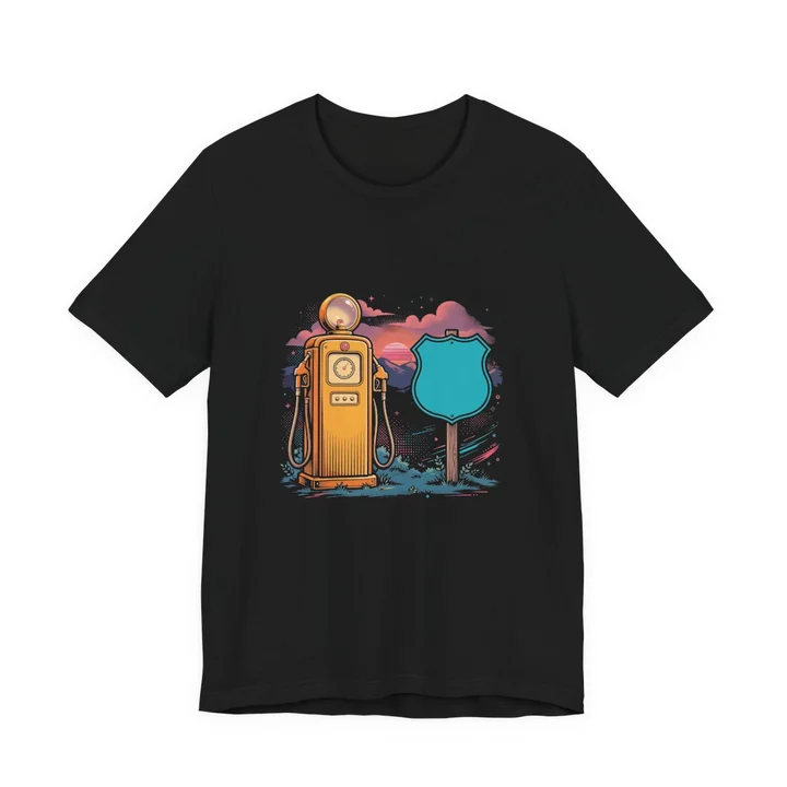 Gas Route Tee mockup: the print on a black Bella+Canvas 3001 tee