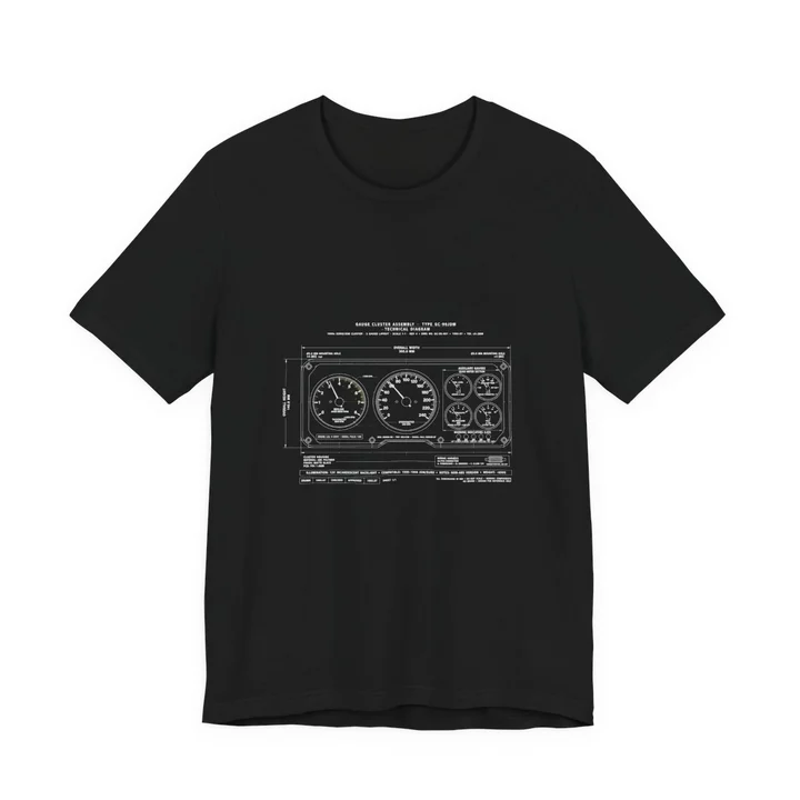 Gauge Cluster Blueprint Tee mockup: the print on a black Bella+Canvas 3001 tee