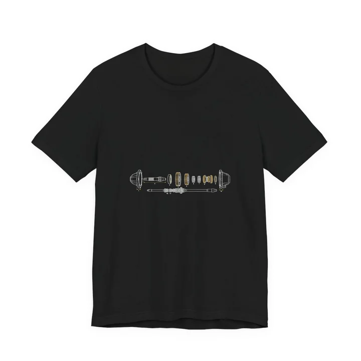 Gearbox Exploded View Tee mockup: the print on a black Bella+Canvas 3001 tee