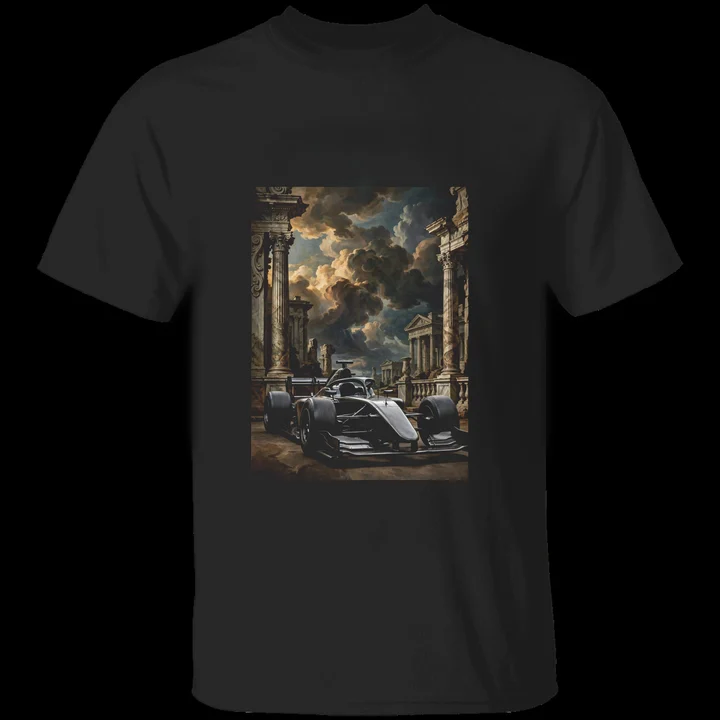 Grand Prix Baroque Tee mockup: the print on a black Gildan G500 tee