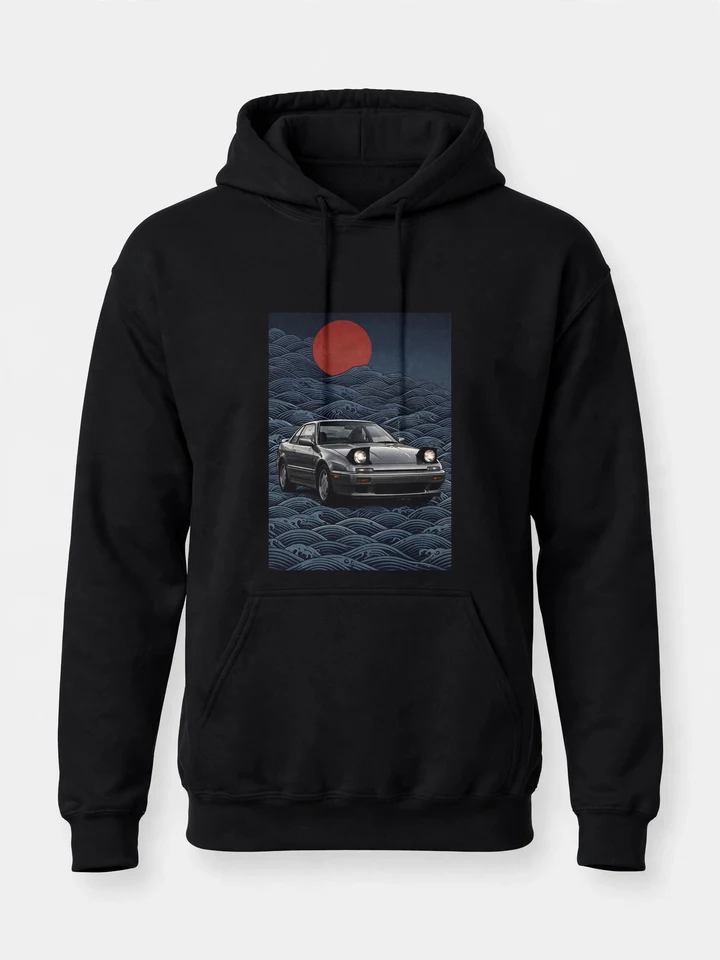 Great Wave Drift Hoodie mockup: the print on a black Gildan G185 pullover hoodie