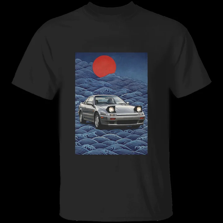 Great Wave Drift Tee mockup: the print on a black Gildan G500 tee