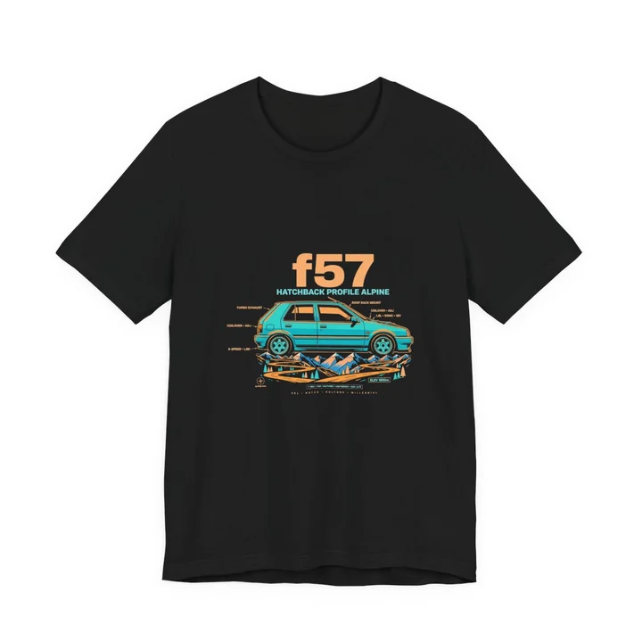 Hatchback Profile Alpine Tee mockup: the print on a black Bella+Canvas 3001 tee