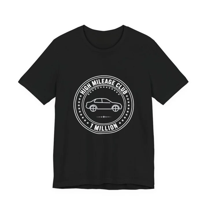 High Mileage Club 1 Million Tee mockup: the print on a black Bella+Canvas 3001 tee