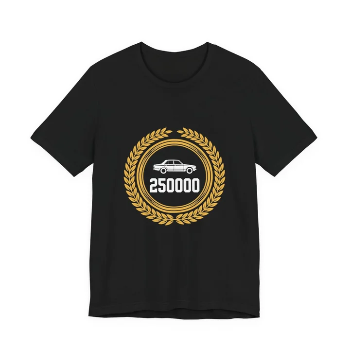 High Mileage Club 250K Tee mockup: the print on a black Bella+Canvas 3001 tee
