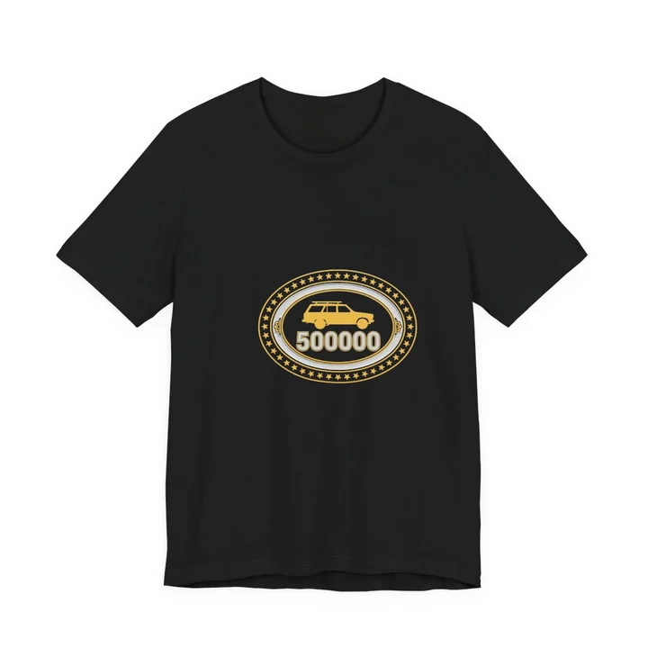 High Mileage Club 500K Tee mockup: the print on a black Bella+Canvas 3001 tee