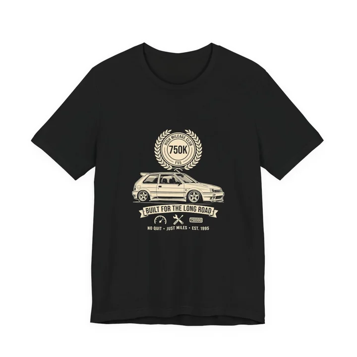 High Mileage Club 750K Tee mockup: the print on a black Bella+Canvas 3001 tee