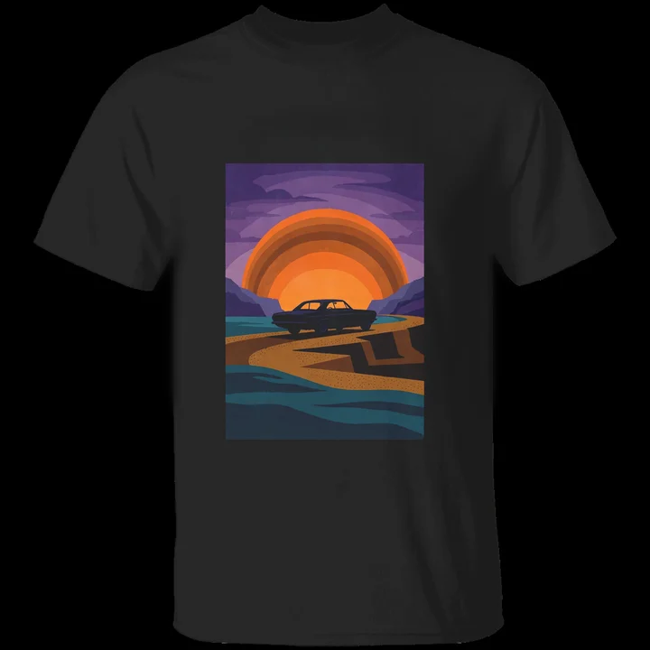 Highway 1 Sunset Tee mockup: the print on a black Gildan G500 tee