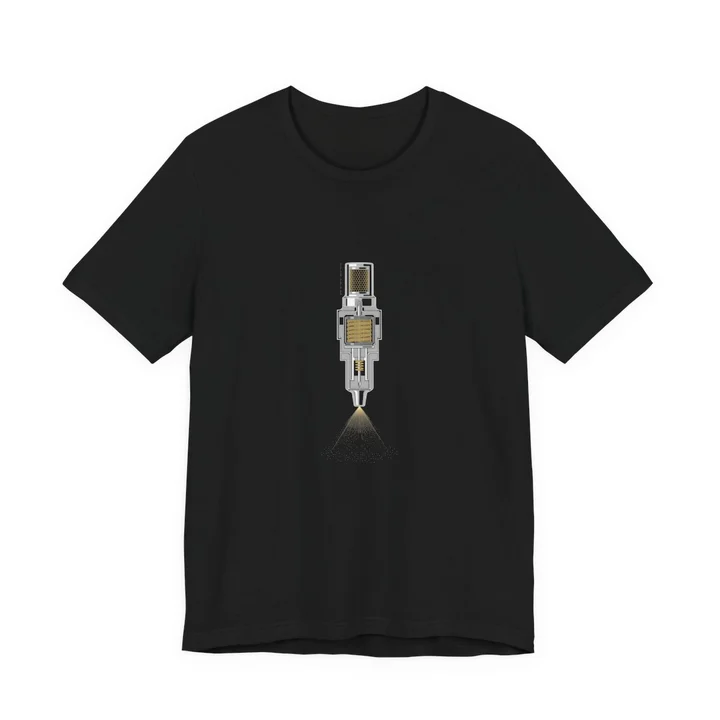 Injector Cross-Section Tee mockup: the print on a black Bella+Canvas 3001 tee