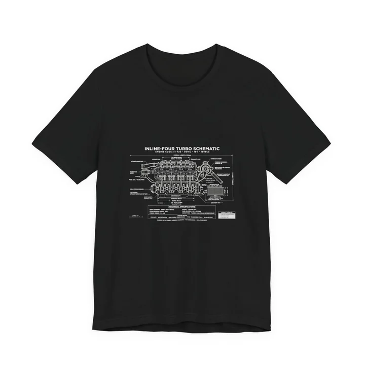 Inline Four Turbo Schematic Tee mockup: the print on a black Bella+Canvas 3001 tee