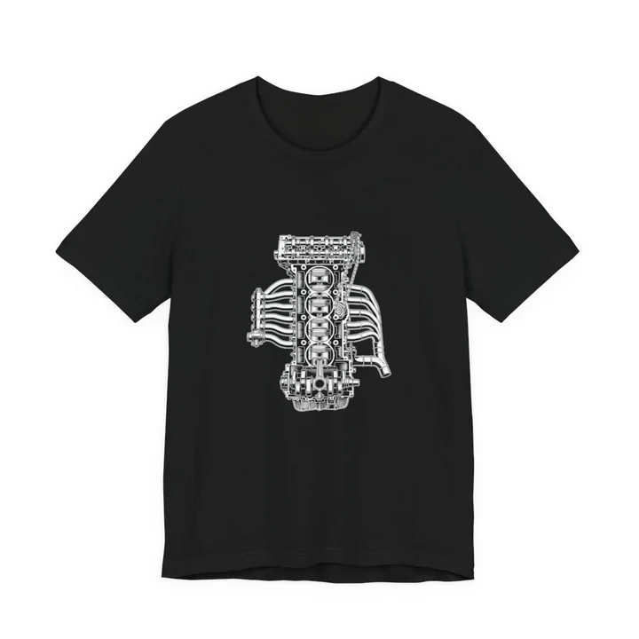 Inline Six Tee mockup: the print on a black Bella+Canvas 3001 tee
