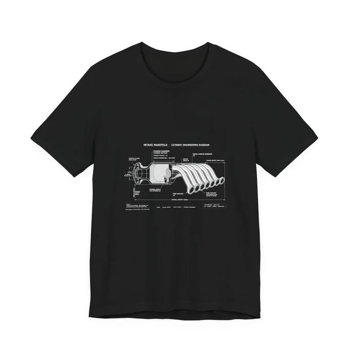 Intake Manifold Runner Diagram Tee mockup: the print on a black Bella+Canvas 3001 tee