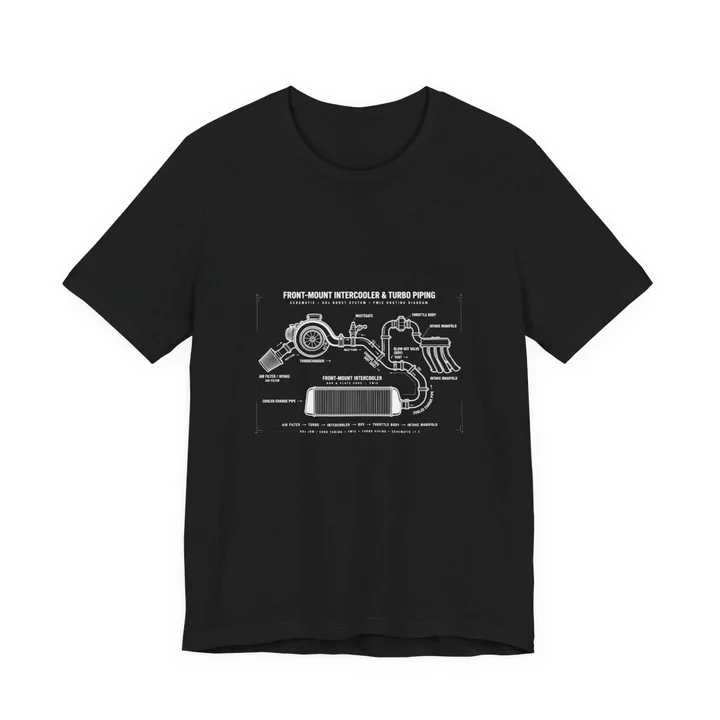 Intercooler Schematic Tee mockup: the print on a black Bella+Canvas 3001 tee