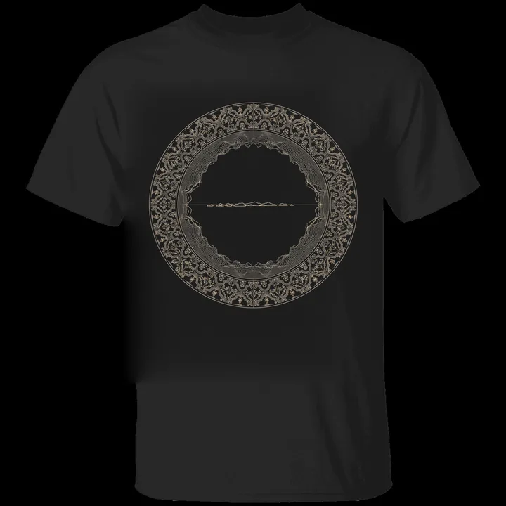 Mission Tile Tee mockup: the print on a black Gildan G500 tee