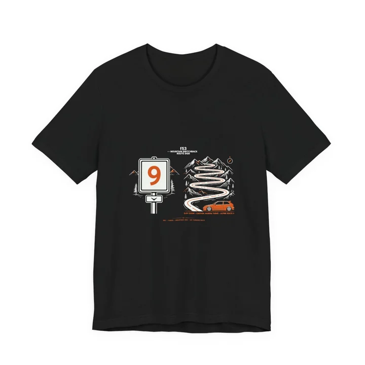 Mountain Switchback Route Sign Tee mockup: the print on a black Bella+Canvas 3001 tee