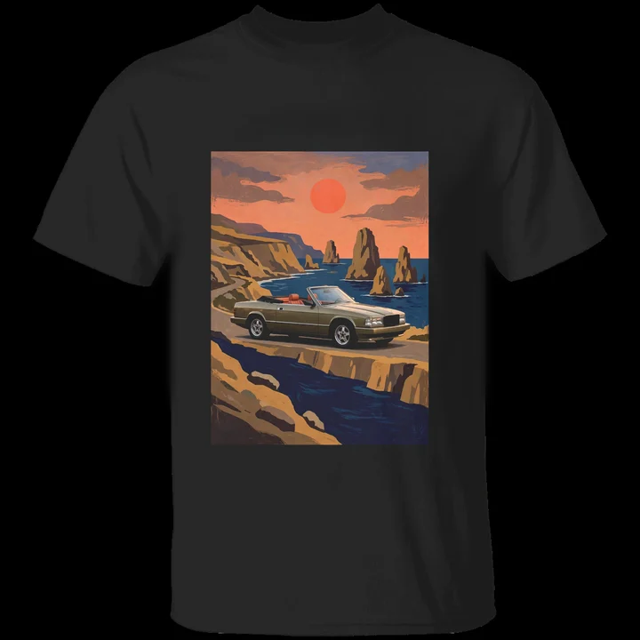 Pacific Coast Cabrio Tee mockup: the print on a black Gildan G500 tee