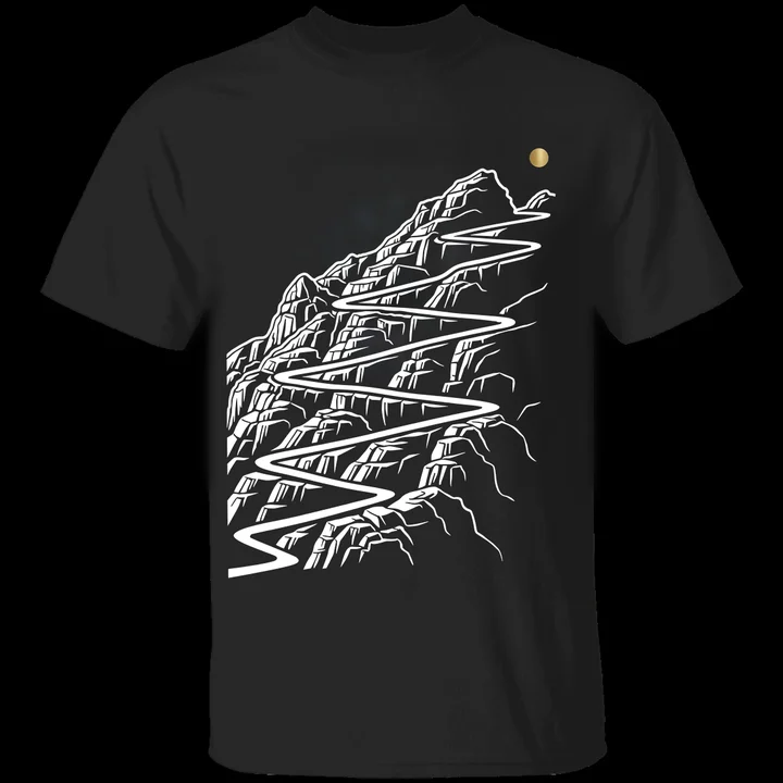 Passage 154 Tee mockup: the print on a black Gildan G500 tee