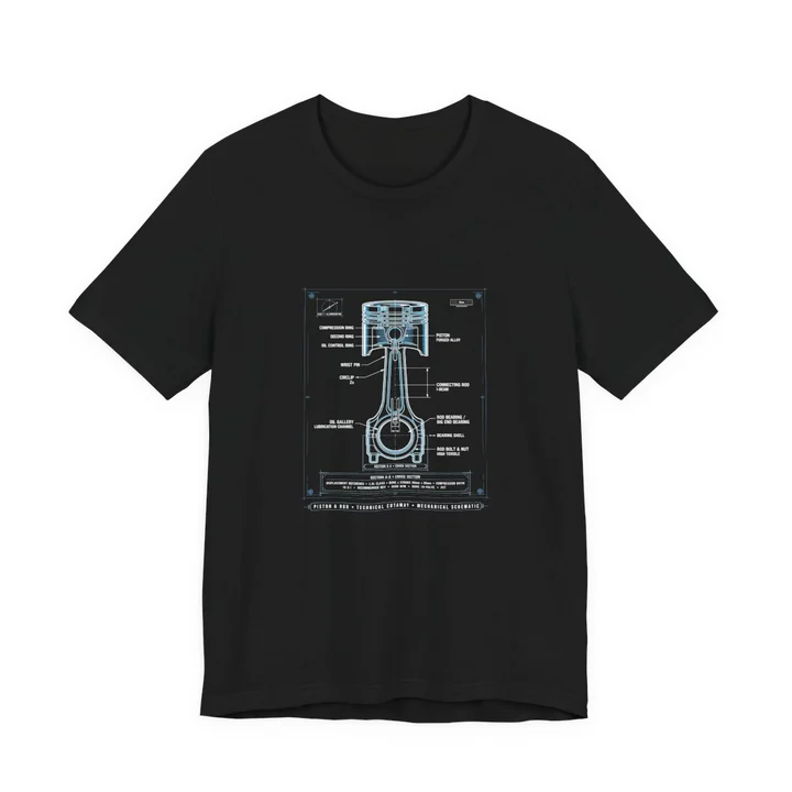 Piston Diagram Tee mockup: the print on a black Bella+Canvas 3001 tee