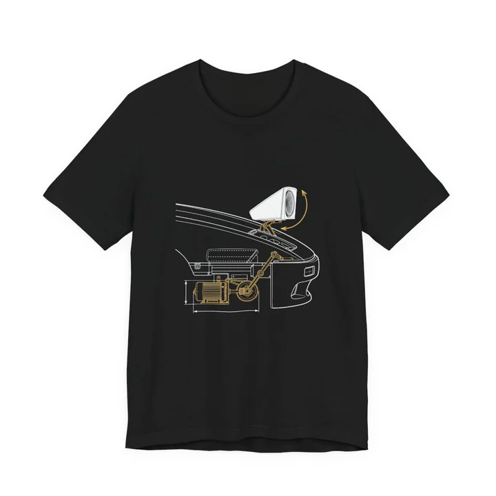 Pop-Up Headlight Diagram Tee mockup: the print on a black Bella+Canvas 3001 tee