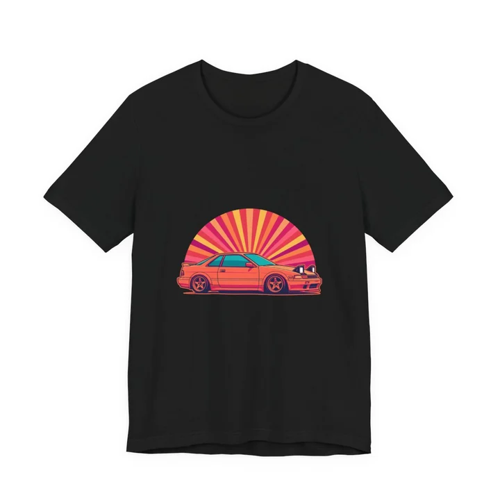 Pop-Up Sunset Tee mockup: the print on a black Bella+Canvas 3001 tee