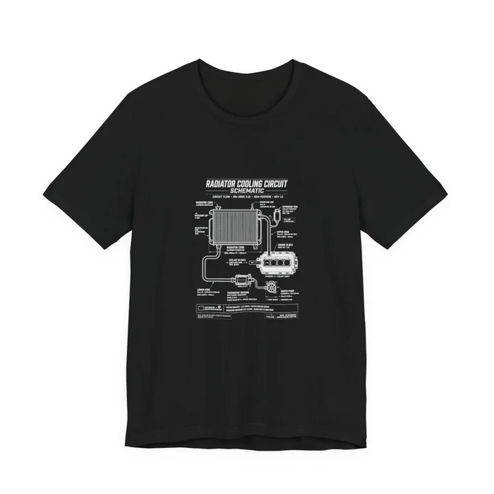 Radiator Cooling Circuit Tee mockup: the print on a black Bella+Canvas 3001 tee