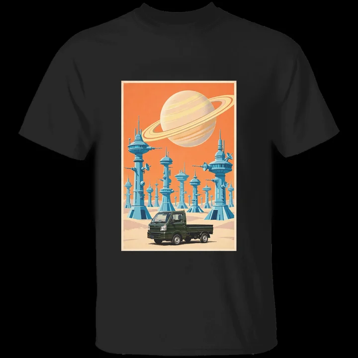The Red Planet Delivery Tee mockup: the print on a black Gildan G500 tee