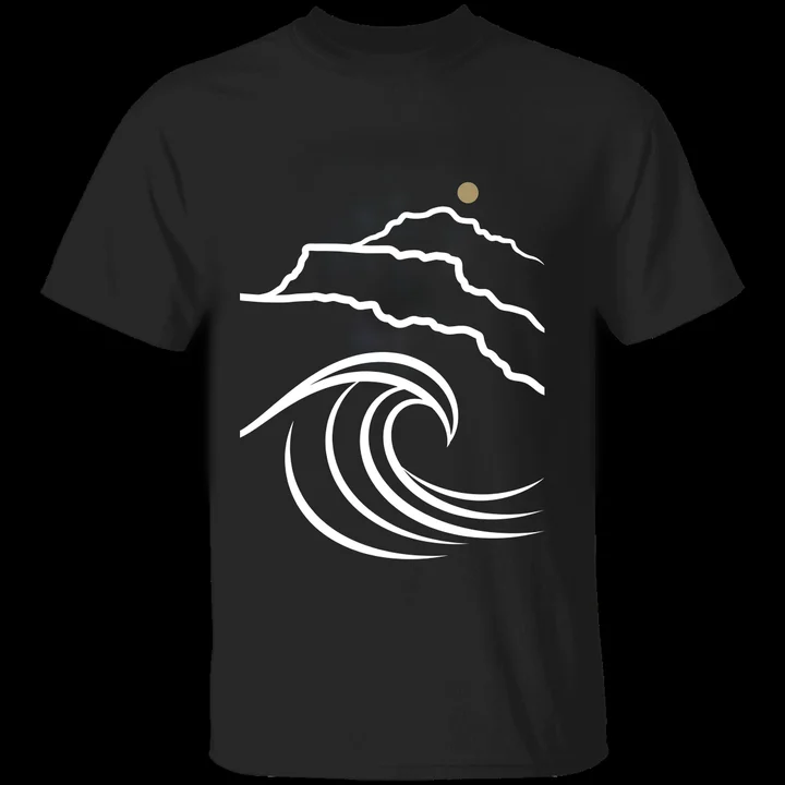 Rincon Dawn Tee mockup: the print on a black Gildan G500 tee