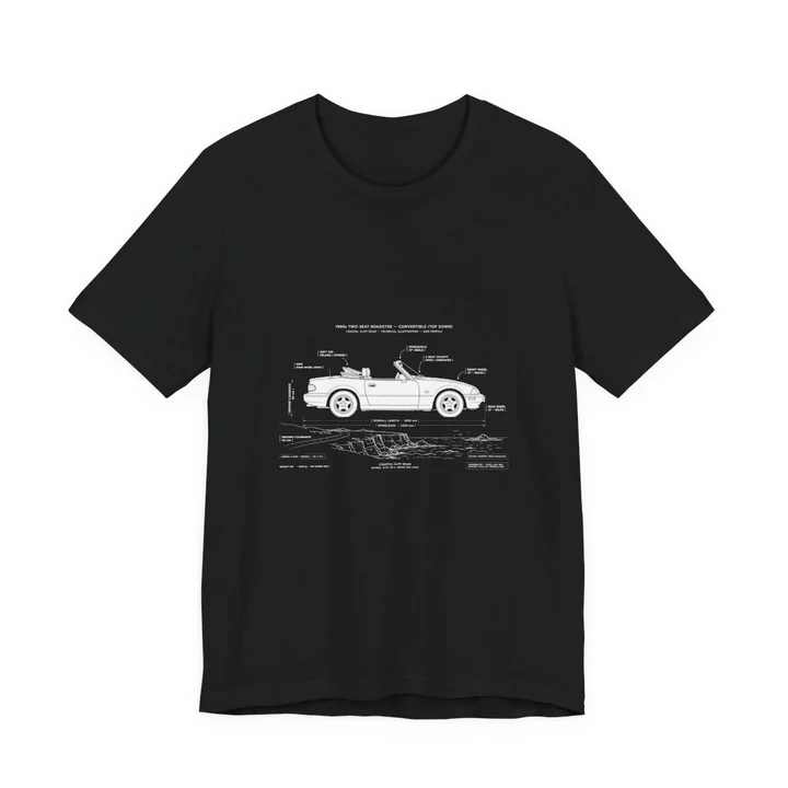 Roadster Profile Coastal Tee mockup: the print on a black Bella+Canvas 3001 tee