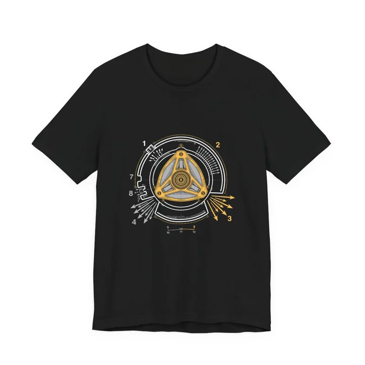 Rotary Engine Schematic Tee mockup: the print on a black Bella+Canvas 3001 tee