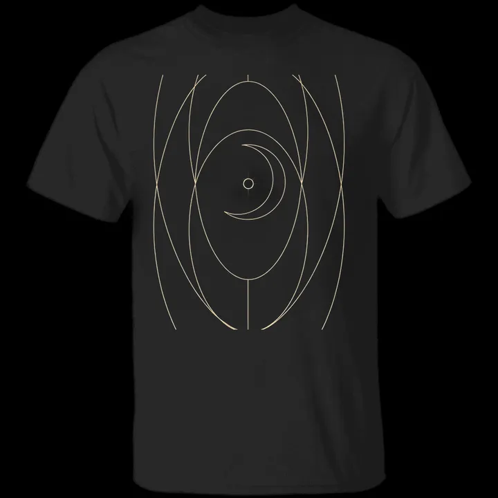 Solstice Arc Tee mockup: the print on a black Gildan G500 tee