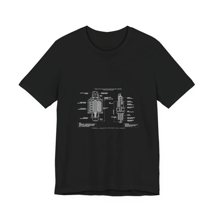 Spark Plug and Ignition Coil Diagram Tee mockup: the print on a black Bella+Canvas 3001 tee