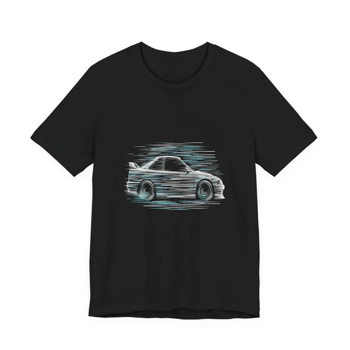Speed Lines Tee mockup: the print on a black Bella+Canvas 3001 tee