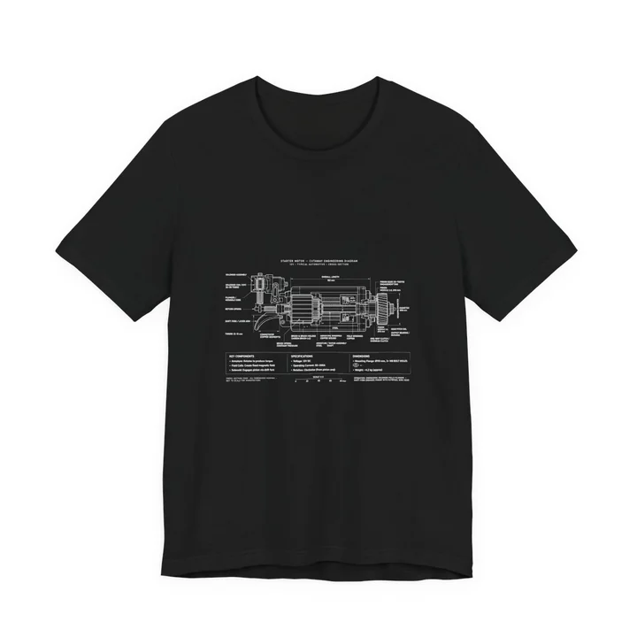 Starter Motor Cutaway Diagram Tee mockup: the print on a black Bella+Canvas 3001 tee