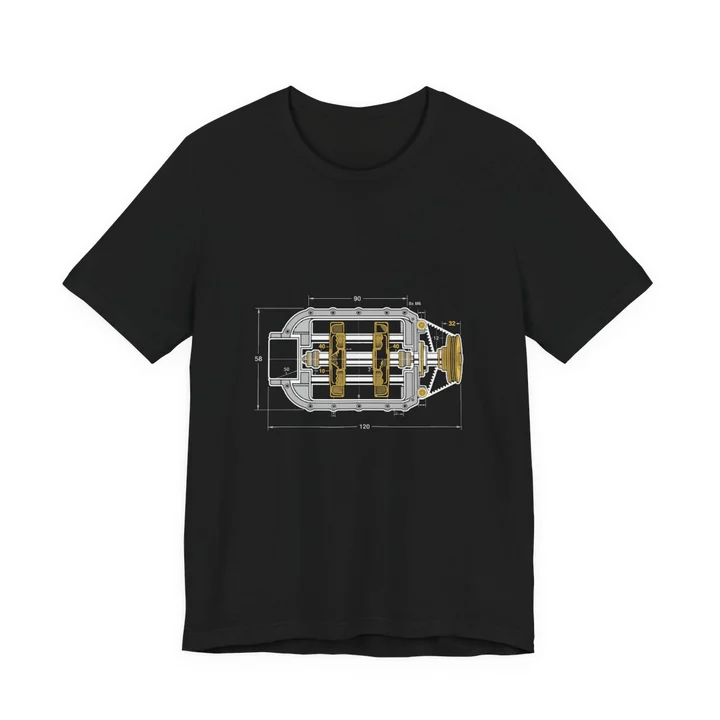 Supercharger Schematic Tee mockup: the print on a black Bella+Canvas 3001 tee