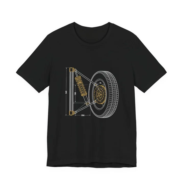 Suspension Geometry Tee mockup: the print on a black Bella+Canvas 3001 tee