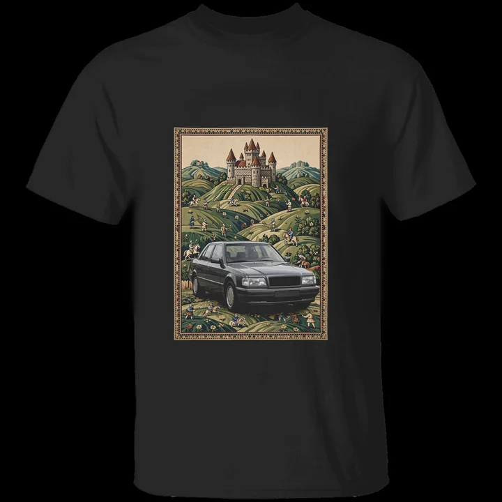 Tapestry Autobahn Tee mockup: the print on a black Gildan G500 tee
