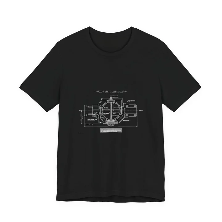 Throttle Body Cross-Section Tee mockup: the print on a black Bella+Canvas 3001 tee