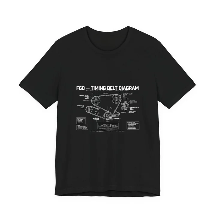 Timing Belt Diagram Tee mockup: the print on a black Bella+Canvas 3001 tee