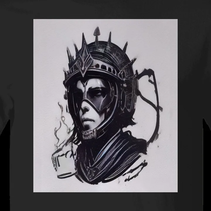 Track Day Paddock Tee close-up of the print: ink-wash portrait of a racer in a spiked crown-like helmet beside a steaming coffee cup